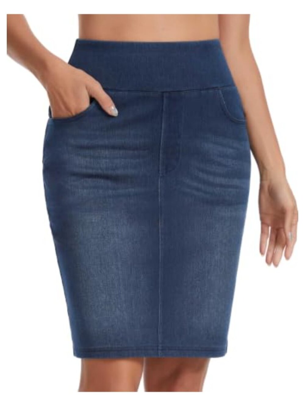 High Waist Pencil Jean Skirt Stretchy Denim Back Slit Knee Length 4 Pockets